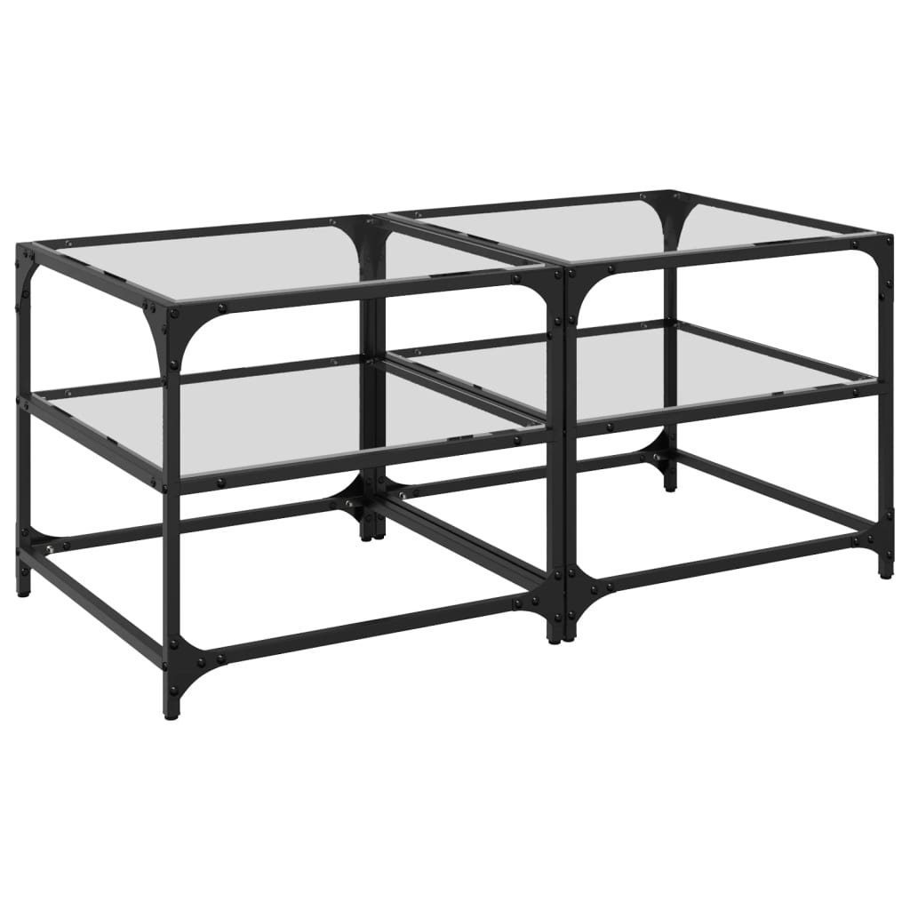 Two vidaXL coffee tables with transparent glass tops and steel frames side by side