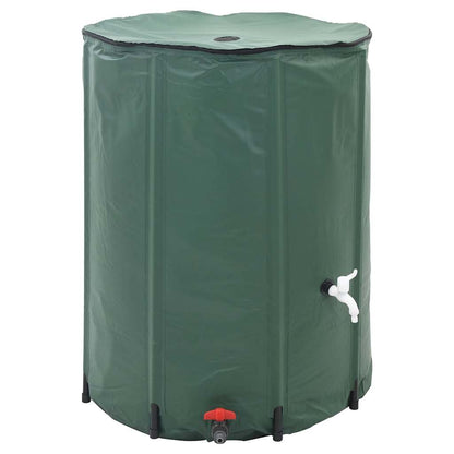 The collapsible water tank from the front with a white tap on the right and a red outlet valve at the bottom