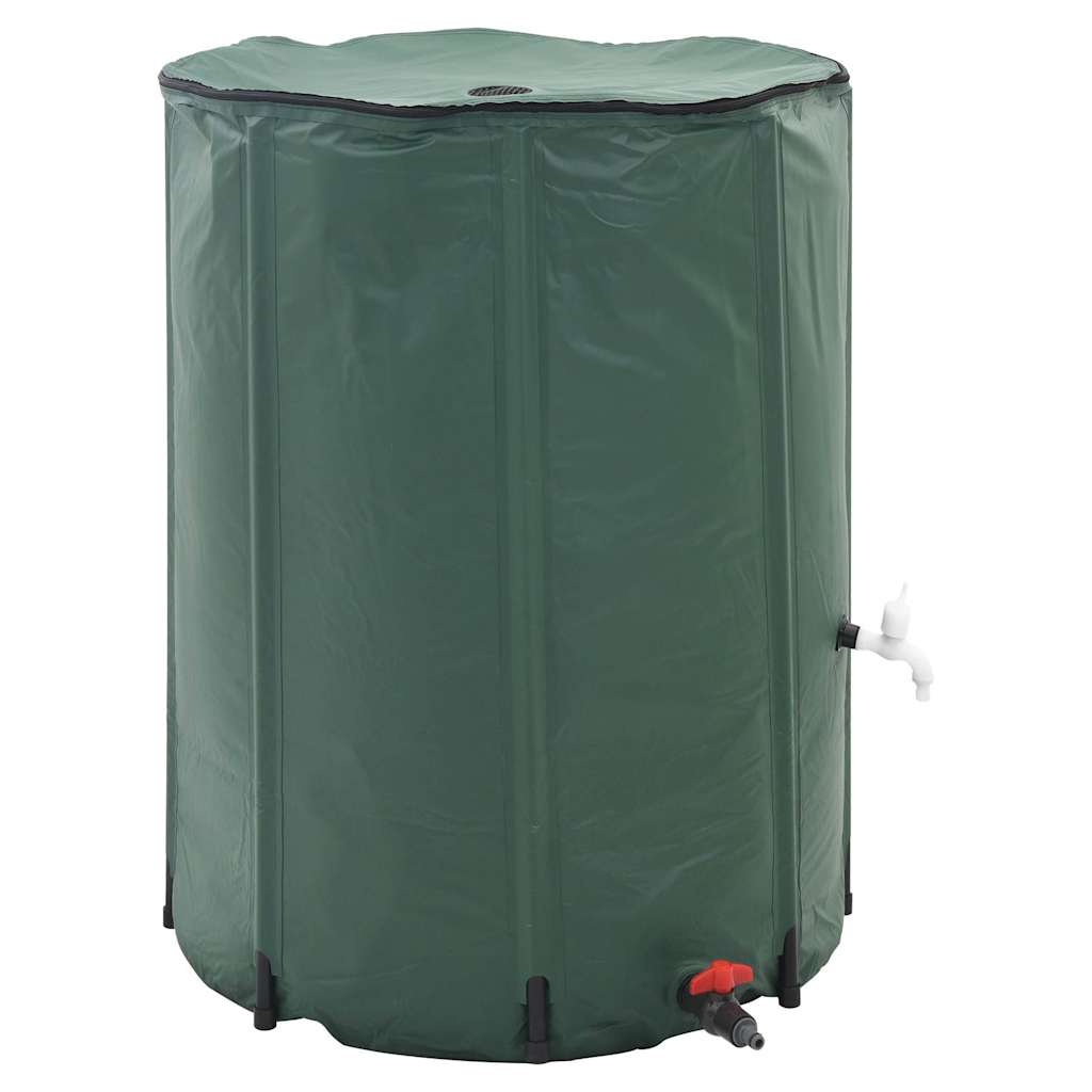 The collapsible water tank from the side, showing its cylindrical shape and green colour