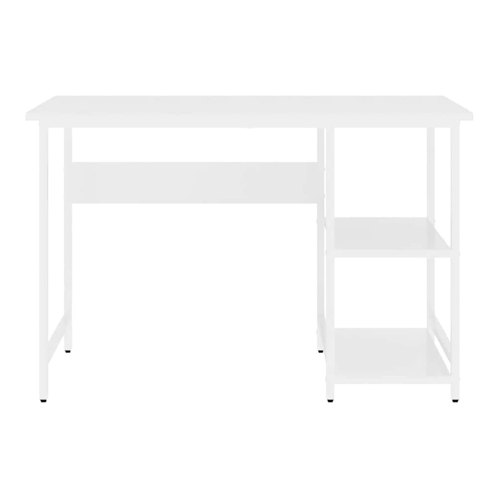 A plain white computer desk with shelving unit on the right, viewed from the front