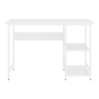 A plain white computer desk with shelving unit on the right, viewed from the front
