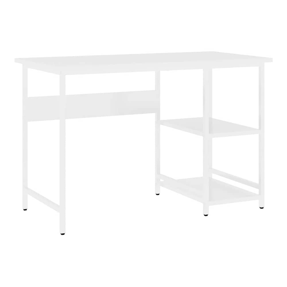 The white computer desk with shelves on the right side, shown from the front