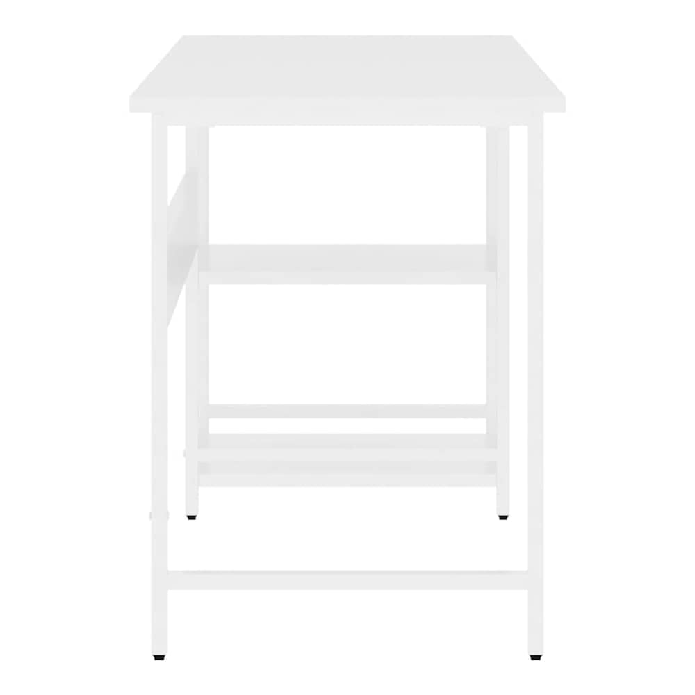 The white computer desk with shelves, viewed from the side