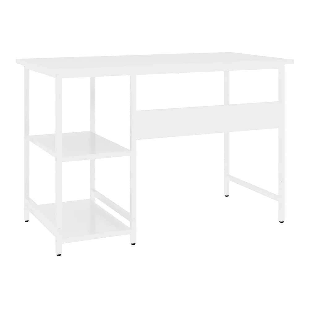 This white computer desk with shelves is shown from a three-quarter angle