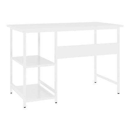 This white computer desk with shelves is shown from a three-quarter angle