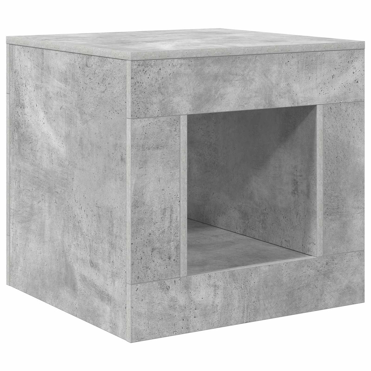 The concrete grey coffee table shown from the front with an open storage space