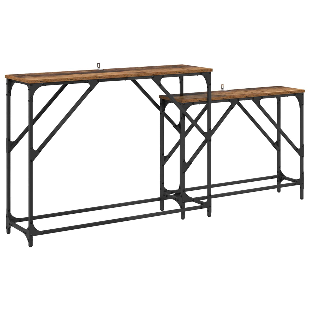 Two console tables, one taller than the other, with black metal frames and wood effect tops