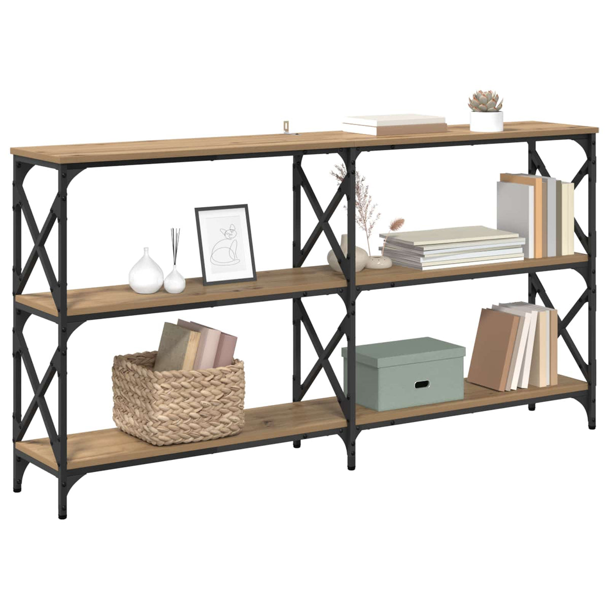 the console table featuring three shelves filled with books and decorative accessories