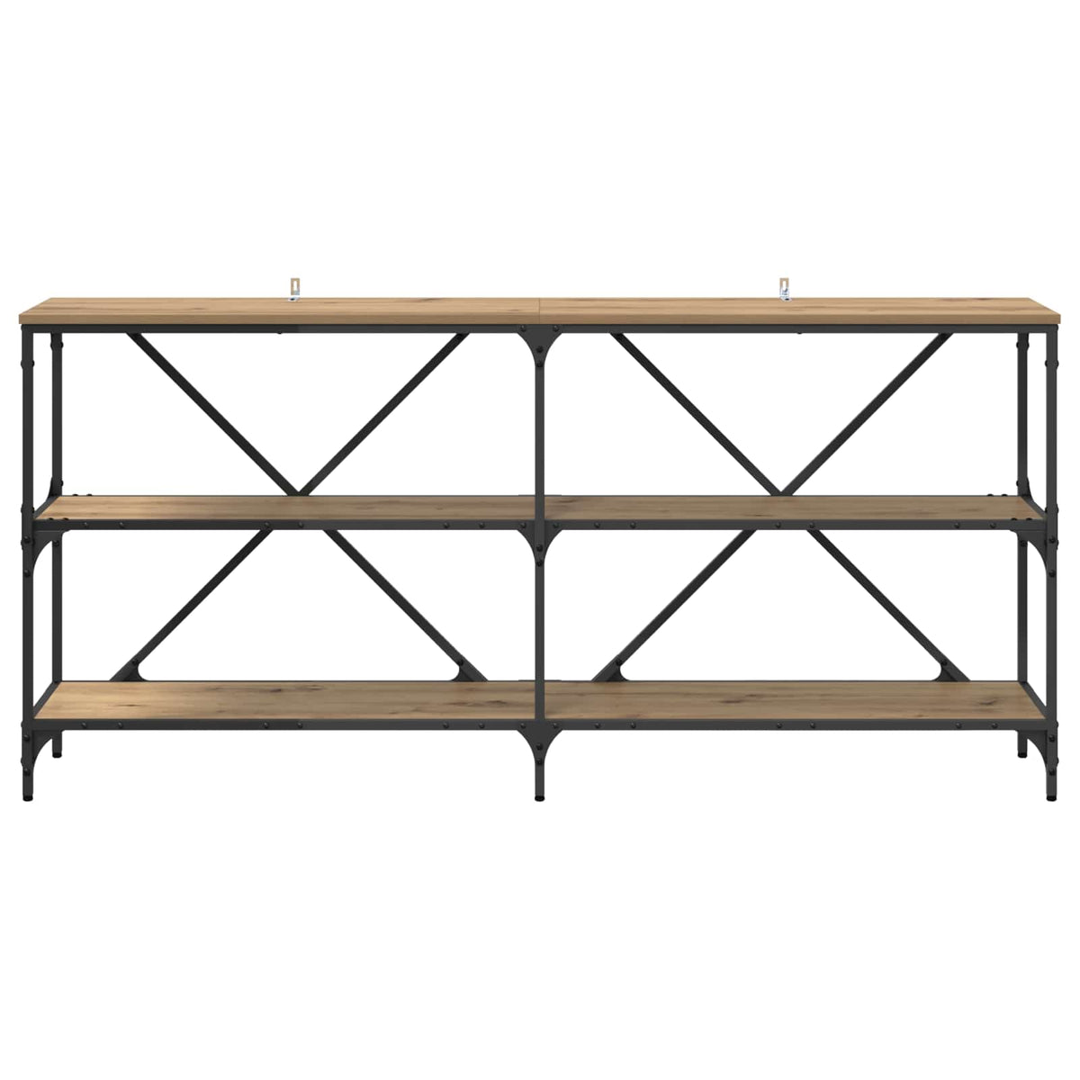 The console table from the front, highlighting its industrial design with metal supports