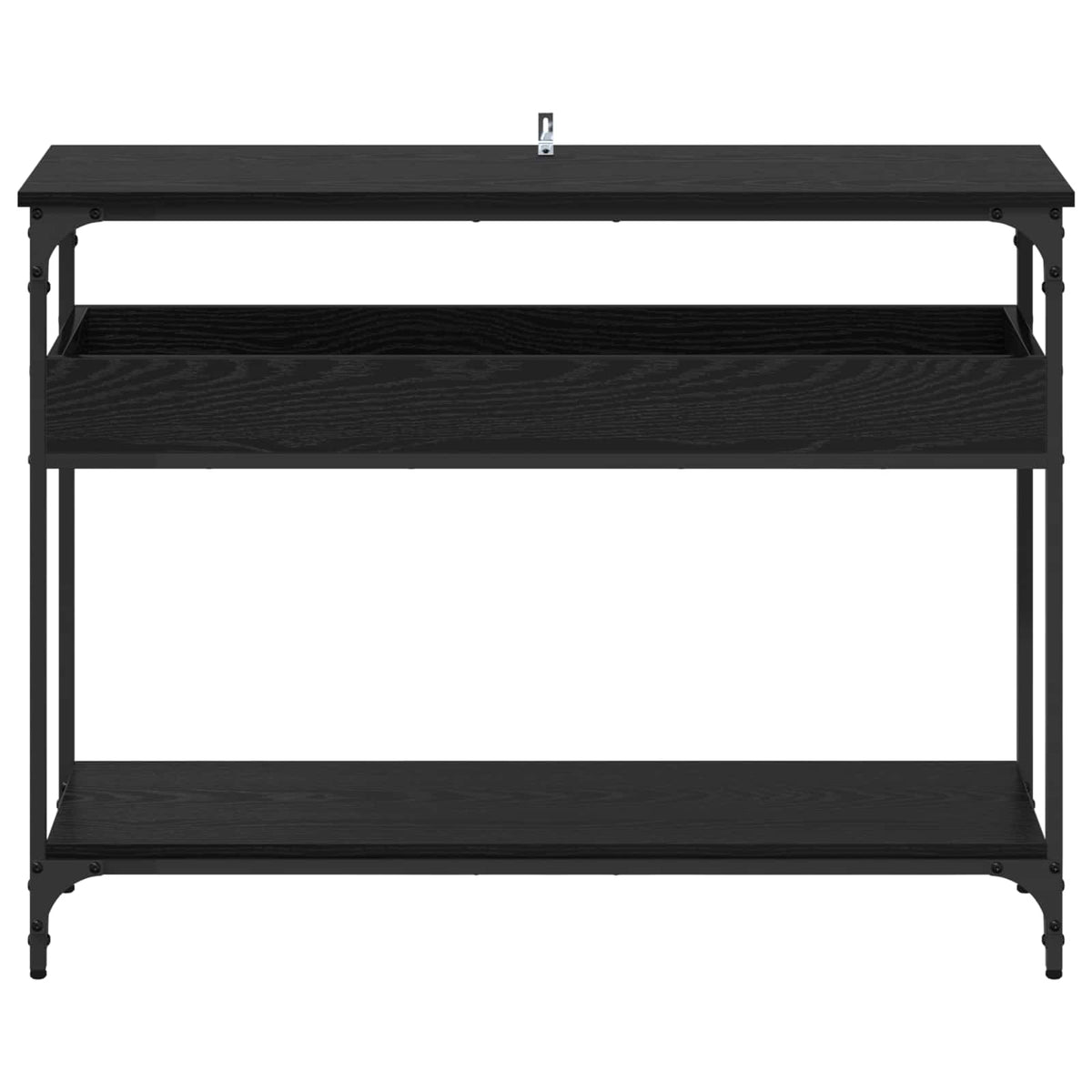The console table viewed directly from the front showing the open storage shelf design