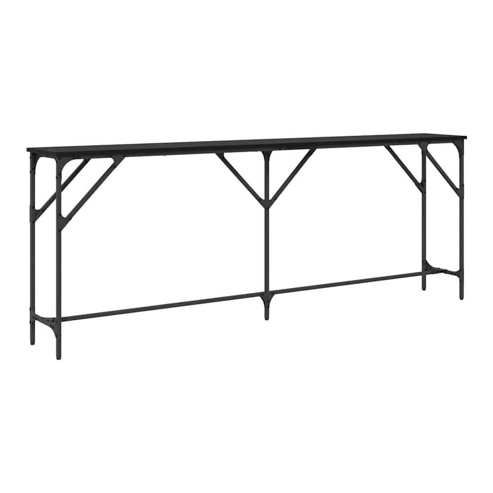 The black oak console table shown from a side angle against a white background