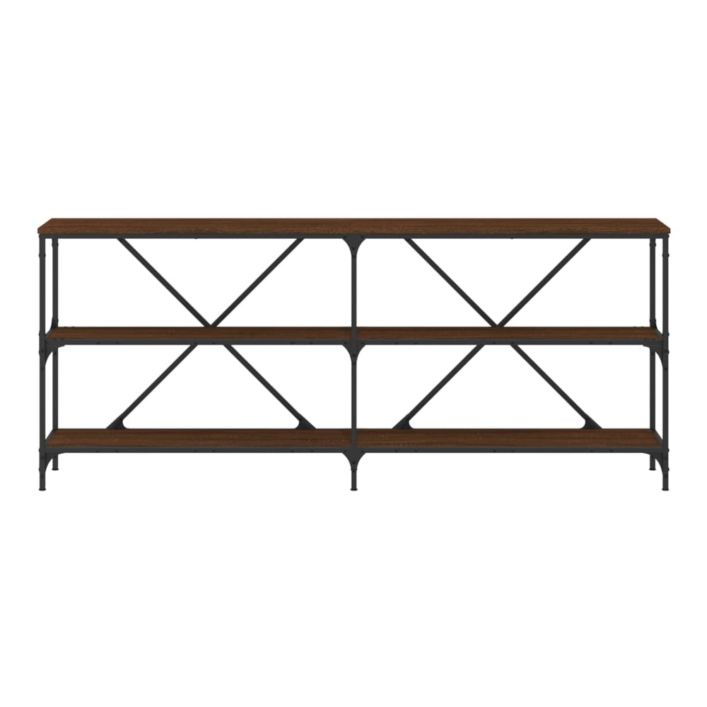 The brown oak engineered wood console table with a black metal frame