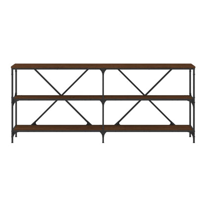 The brown oak engineered wood console table with a black metal frame