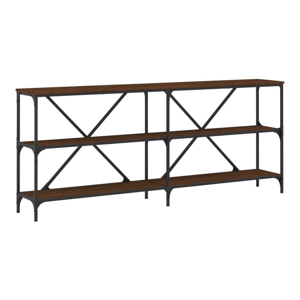 Long console table with three shelves and a dark metal frame