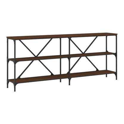 Long console table with three shelves and a dark metal frame