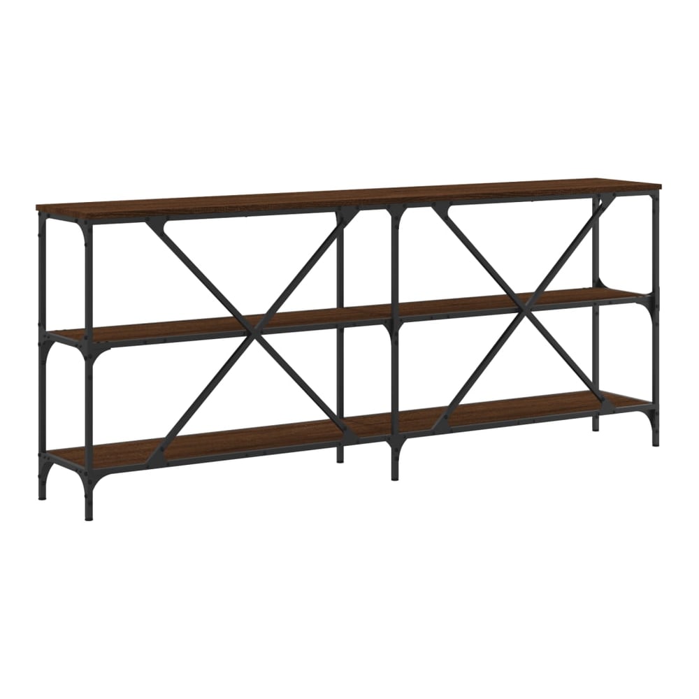 The long console table with three shelves and a dark metal frame