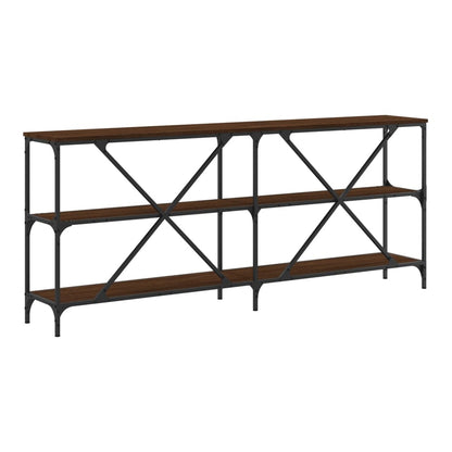 The long console table with three shelves and a dark metal frame