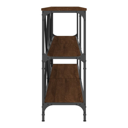 Side view of the console table showing the wood grain and metal supports