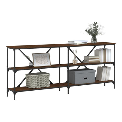 Console table with decorative items on shelves in a room