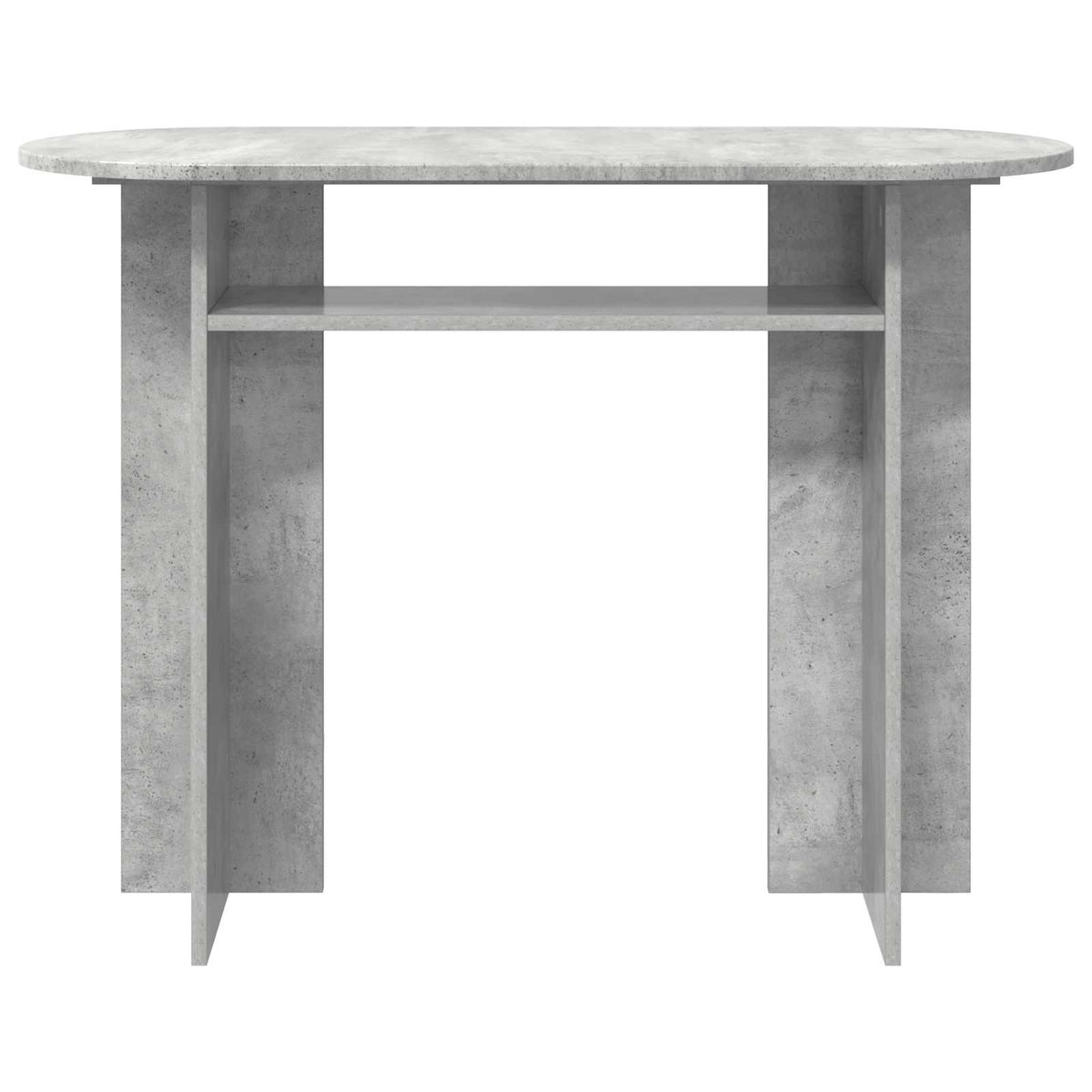 Back view of the concrete grey console table with a shelf
