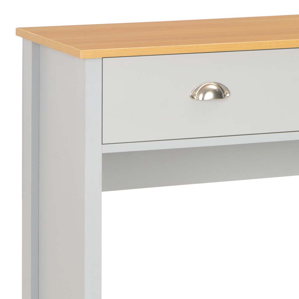 Close up of a drawer on the grey console table