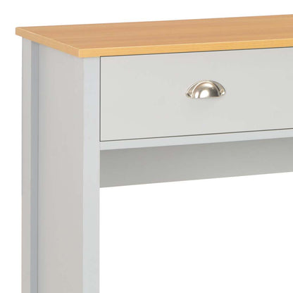 Close up of a drawer on the grey console table
