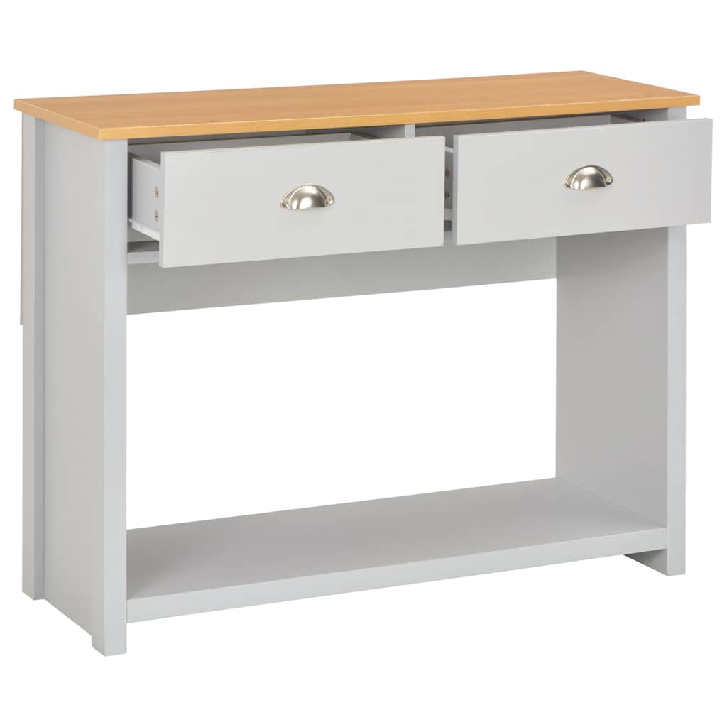 The grey console table with both drawers open showing storage space