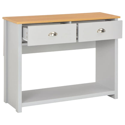 The grey console table with both drawers open showing storage space