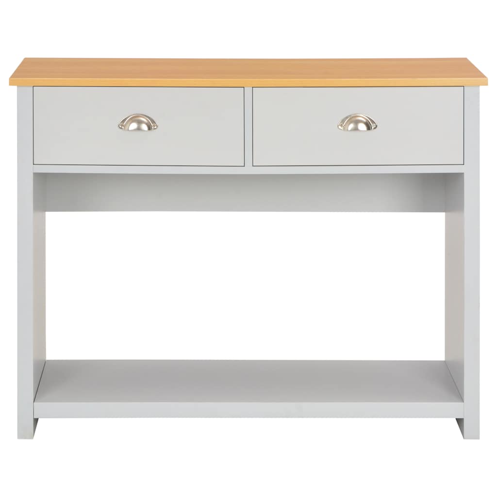 Front view of the grey console table with a light wood top