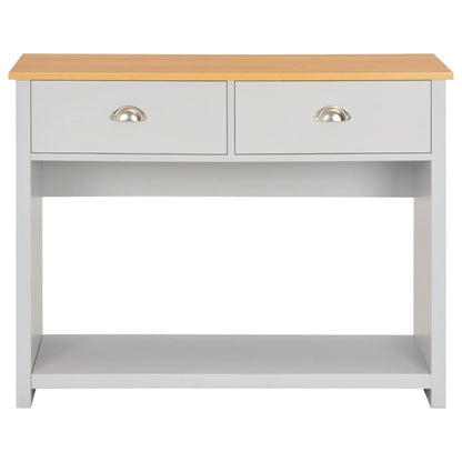 Front view of the grey console table with a light wood top