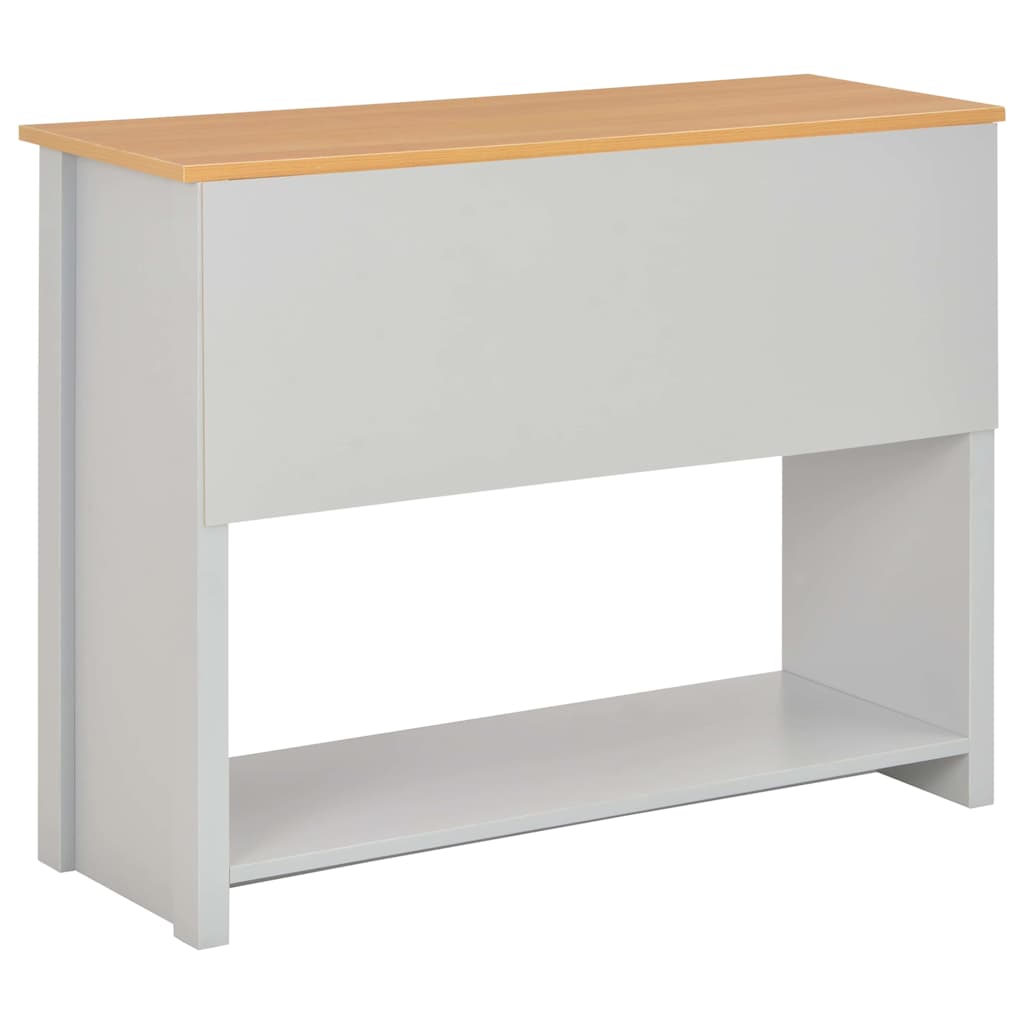 Rear view of the grey console table with a shelf