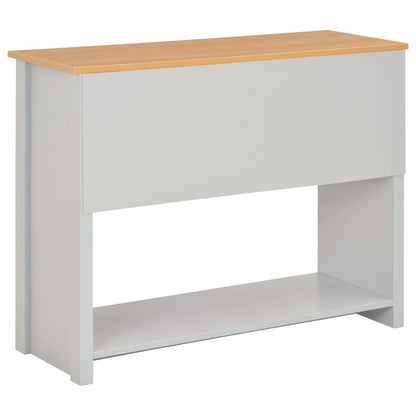 Rear view of the grey console table with a shelf