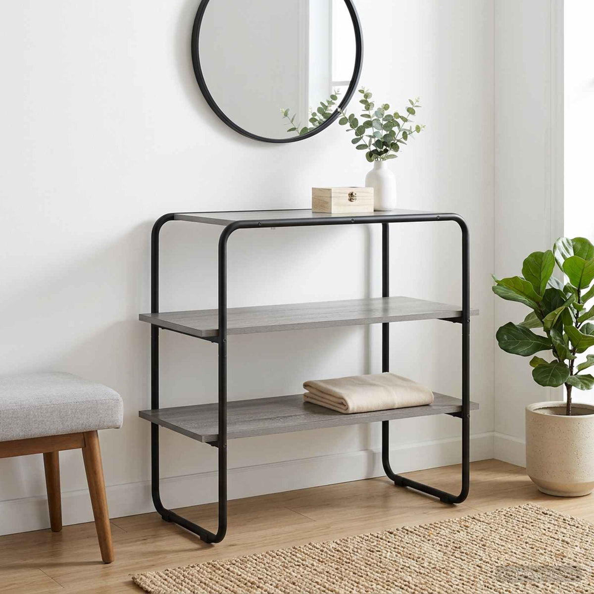 vidaXL Console Table Grey Sonoma Engineered Wood placed in a bright living room with a round mirror
