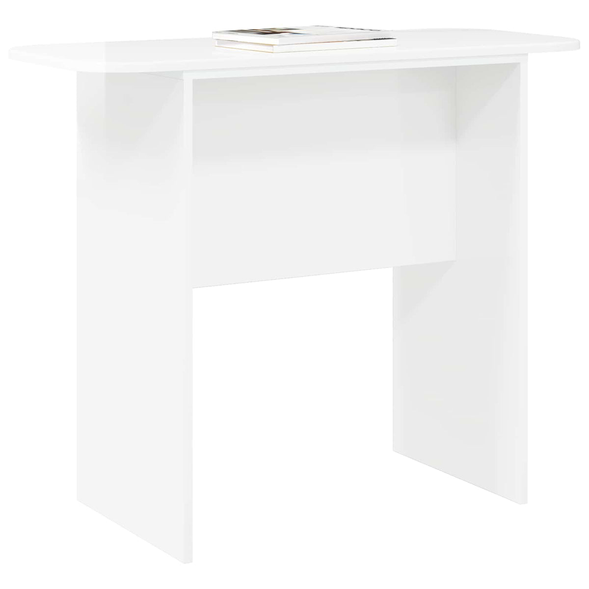 A white console table with a book on its surface, set against a plain background