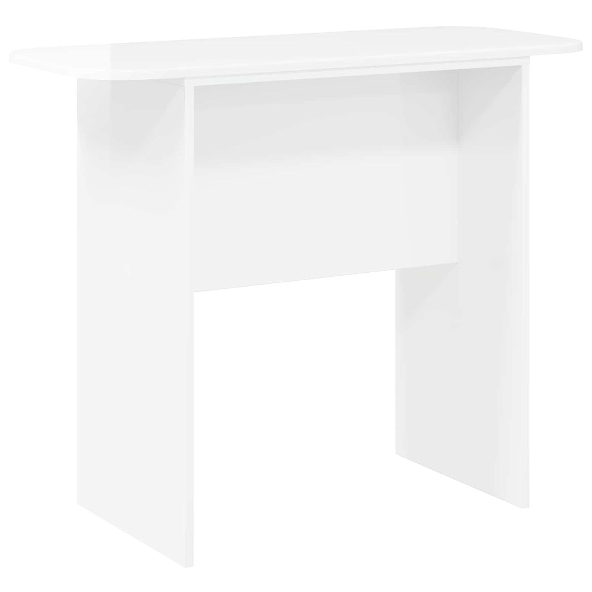 The white console table from the front, showing its simple design and open shelf