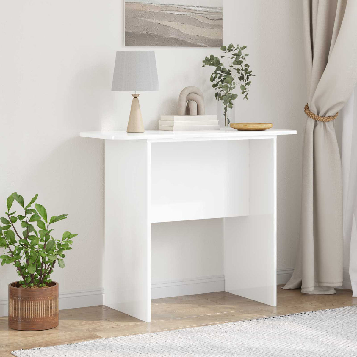 vidaXL Console Table High Gloss White Engineered Wood with an open shelf and a lamp on top