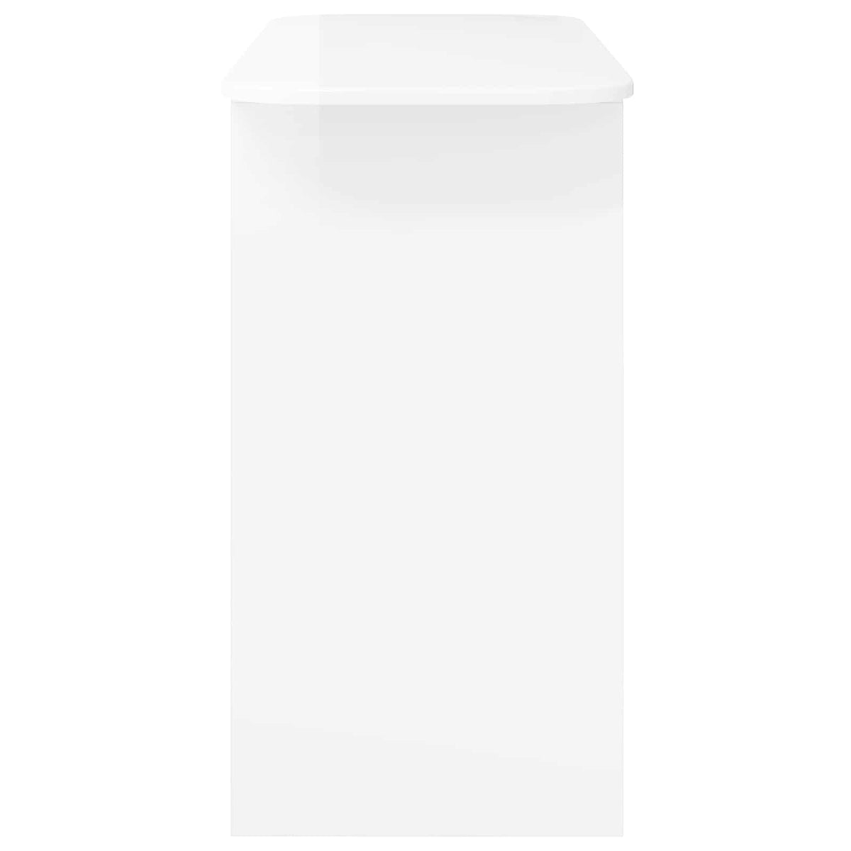 The side profile of the white console table, showing its depth and structure
