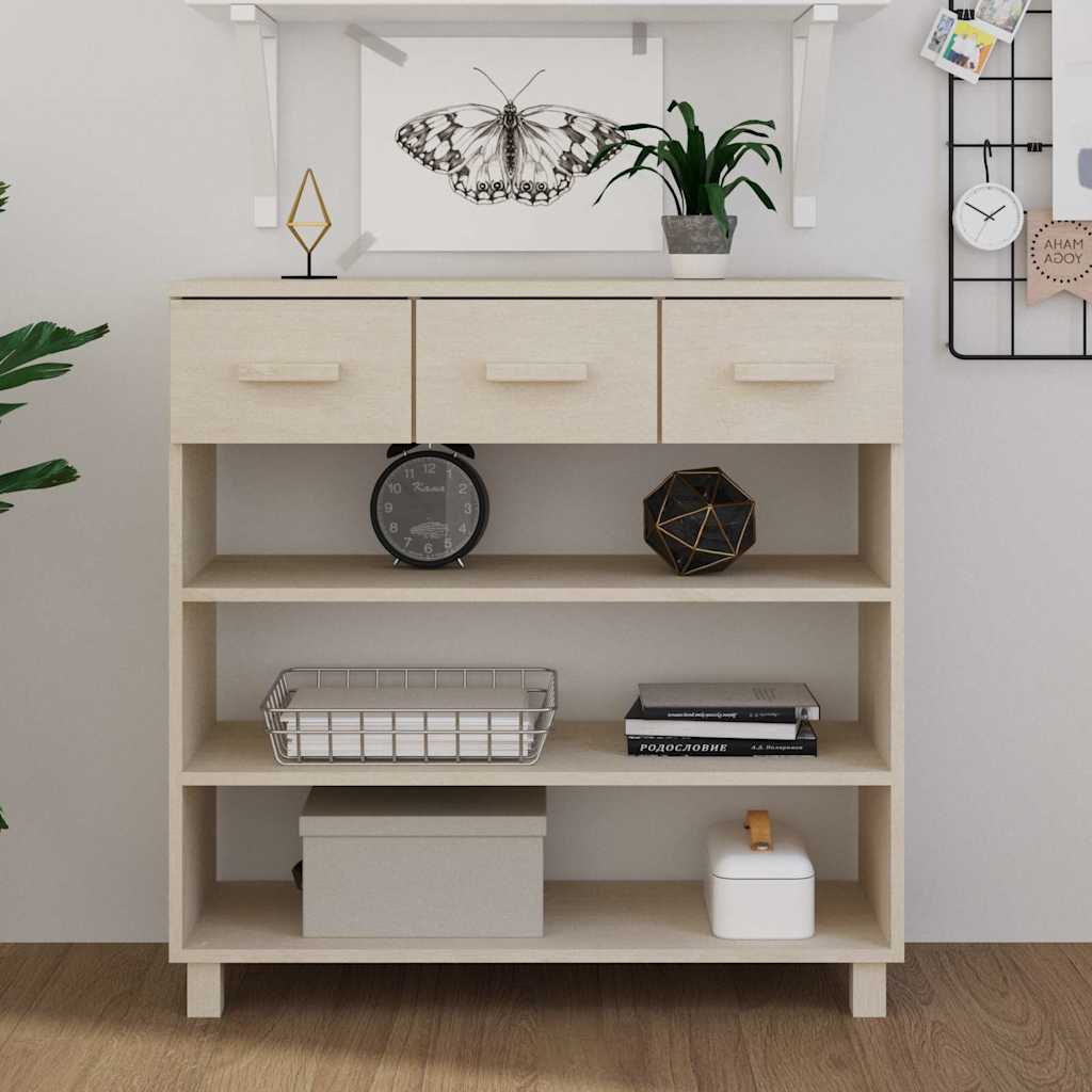 vidaXL Console Table "HAMAR" Honey Brown Solid Wood Pine with three drawers and three shelves, decorated with items