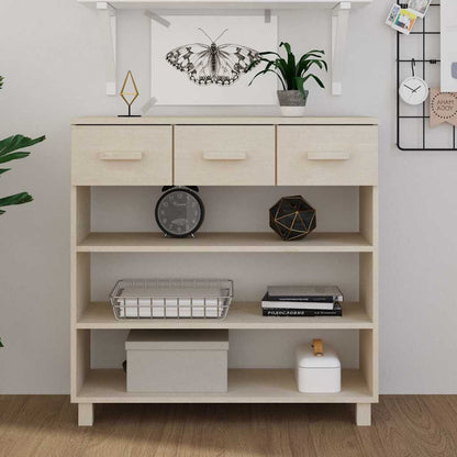 vidaXL Console Table "HAMAR" Honey Brown Solid Wood Pine with three drawers and three shelves, decorated with items