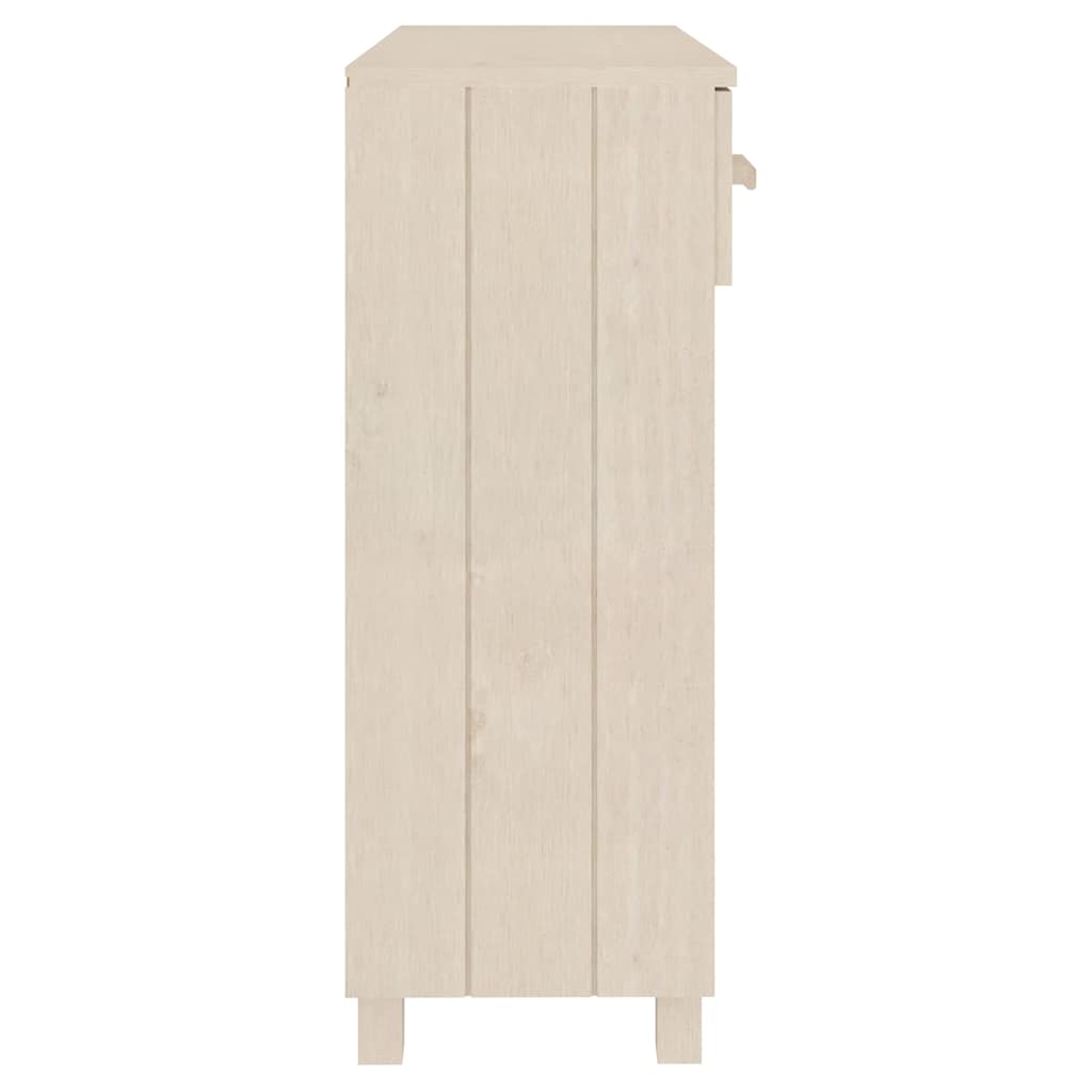 Side view of the honey brown solid wood pine console table