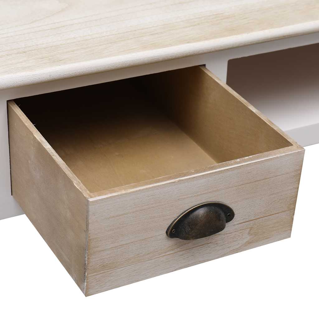Close-up of an open drawer on the console table