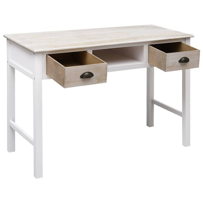 The wooden end table with both drawers extended outwards