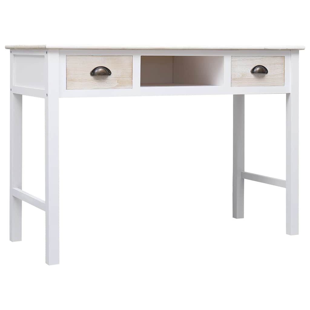The white end table with two drawers and a central storage space