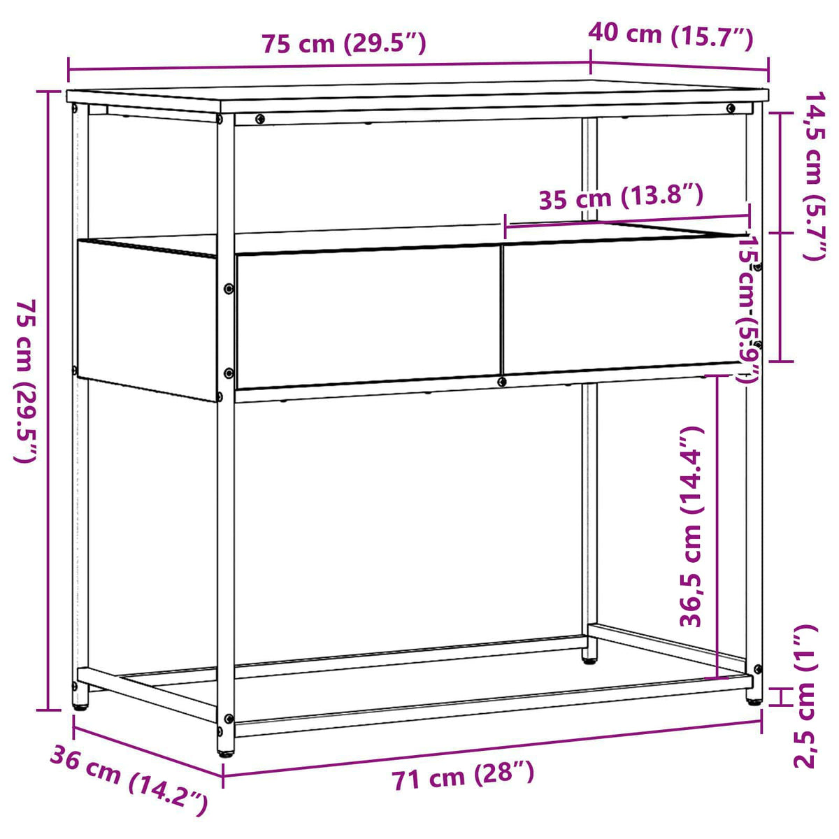 Diagram showing the dimensions of the bedside table in cm and inches