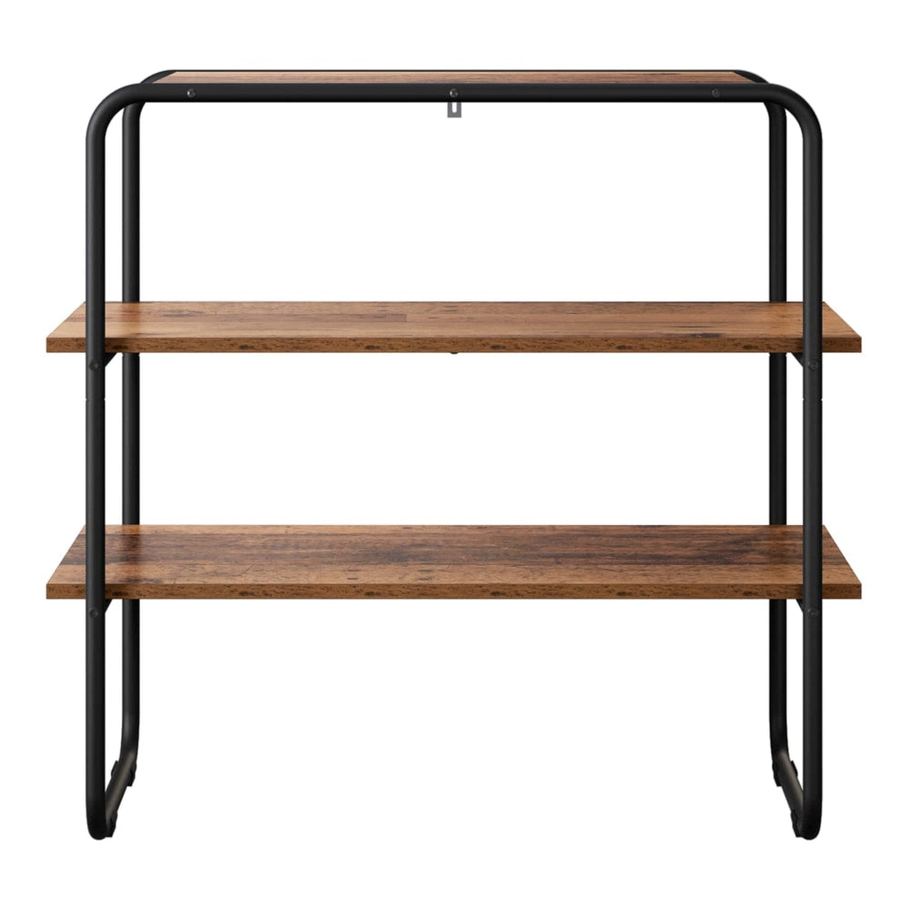 The console table is shown from the front with two shelves and a metal frame