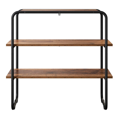The console table is shown from the front with two shelves and a metal frame