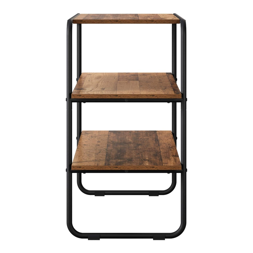The console table's side profile shows its two shelves and curved metal legs