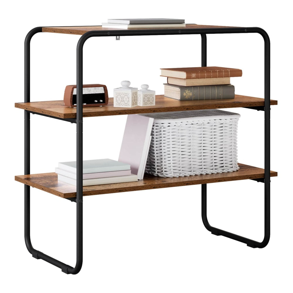 The console table displays books, a basket and a radio on its shelves