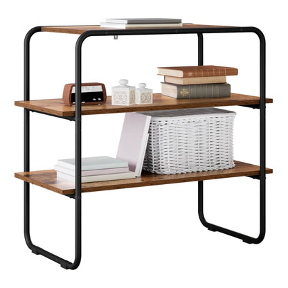 The console table displays books, a basket and a radio on its shelves