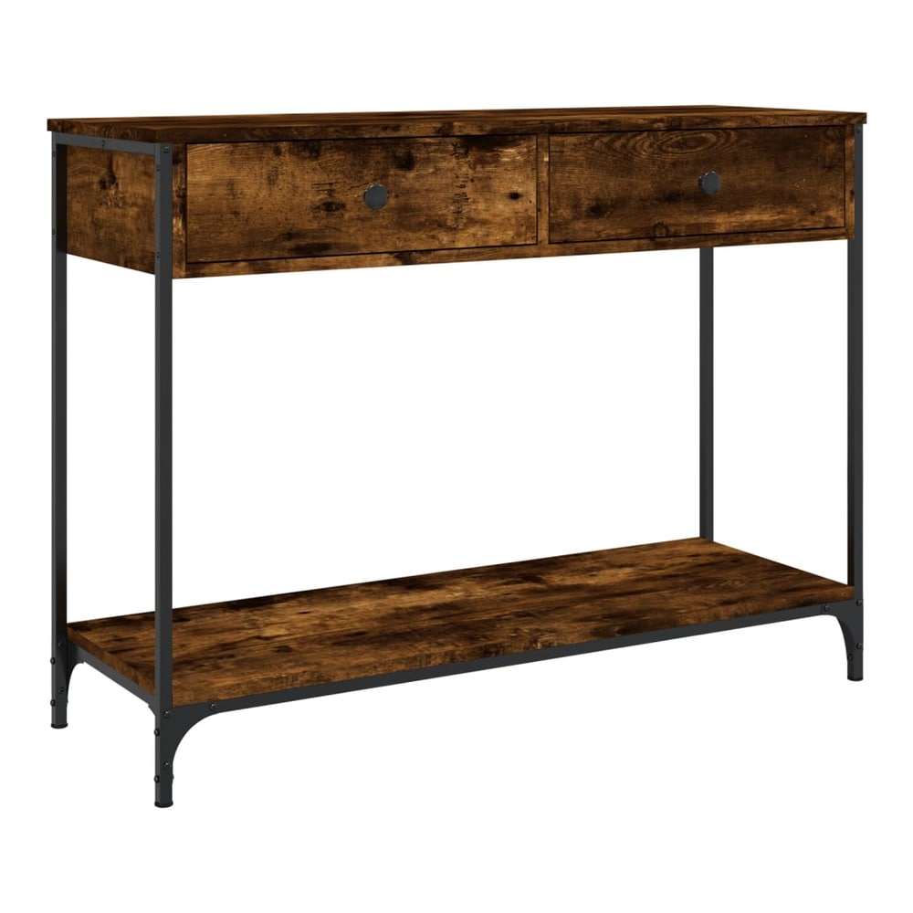 The console table has a smoked oak effect top and shelf with black metal legs